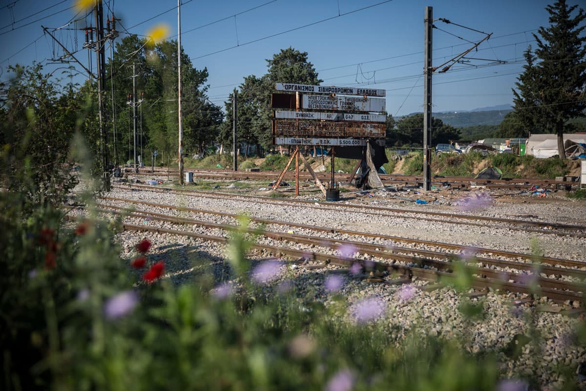View of train tracks after Greek authorities completed the evacuation.