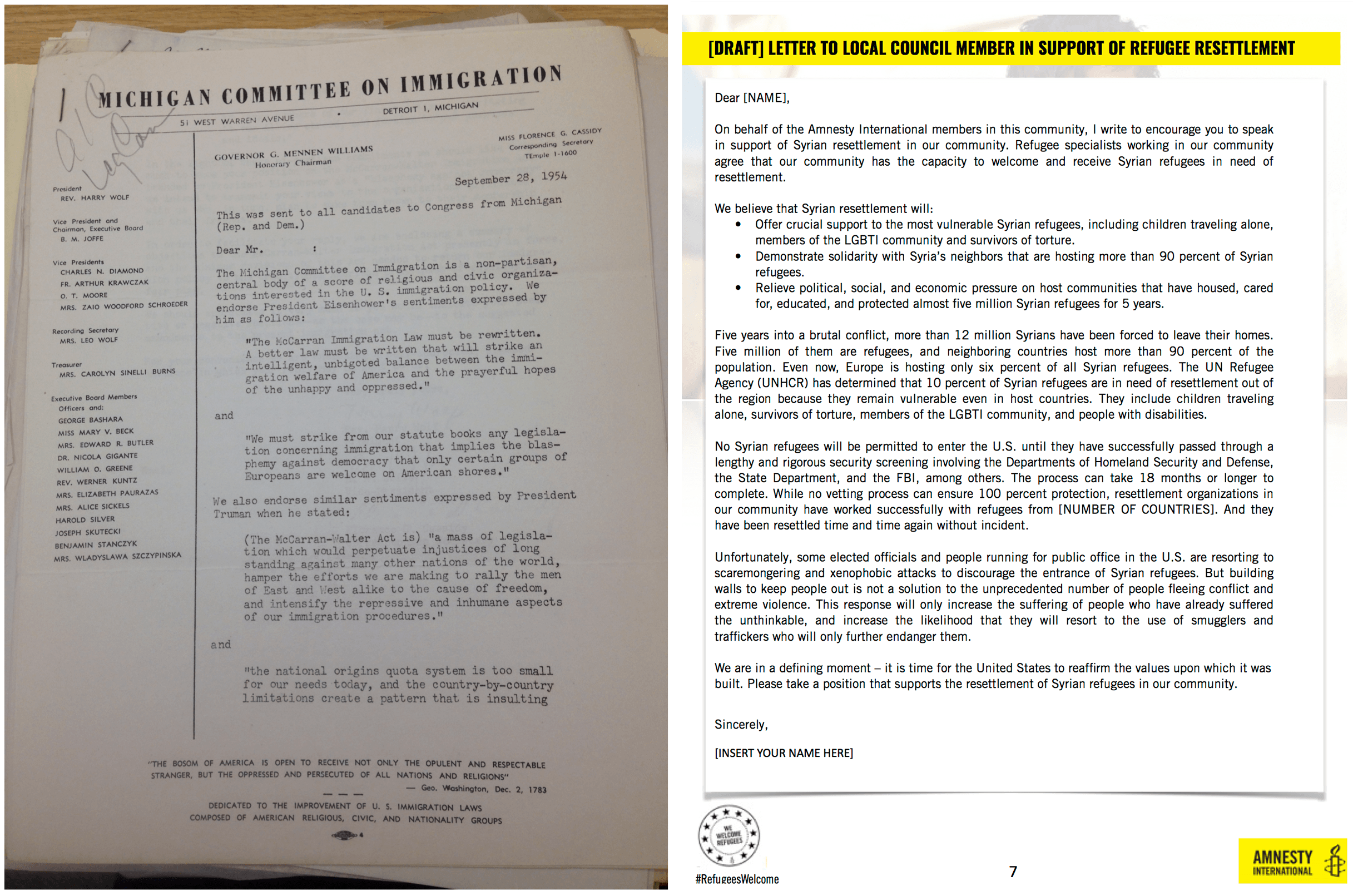 Template letter from Michigan Committee on Immigration on left, digital letter from Amnesty on right