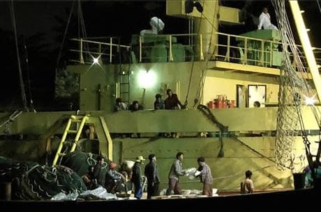 Slave workers from Myanmar load fish onto a Thai-flagged cargo ship in Benjina, Indonesia. An intricate web of connections separates the fish we eat from the men who catch it, and obscures a brutal truth: Your seafood may come from slaves