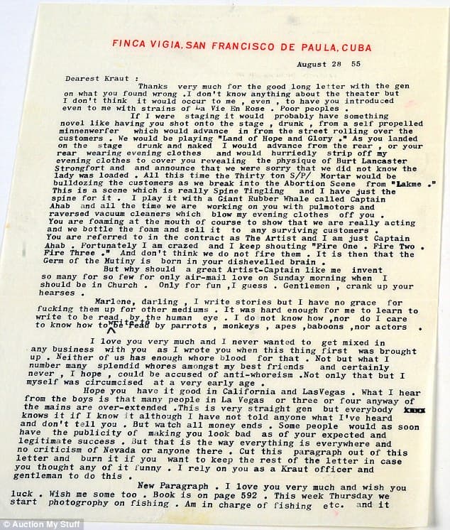 In one sexy letter to the actress, Hemingway imagines her 