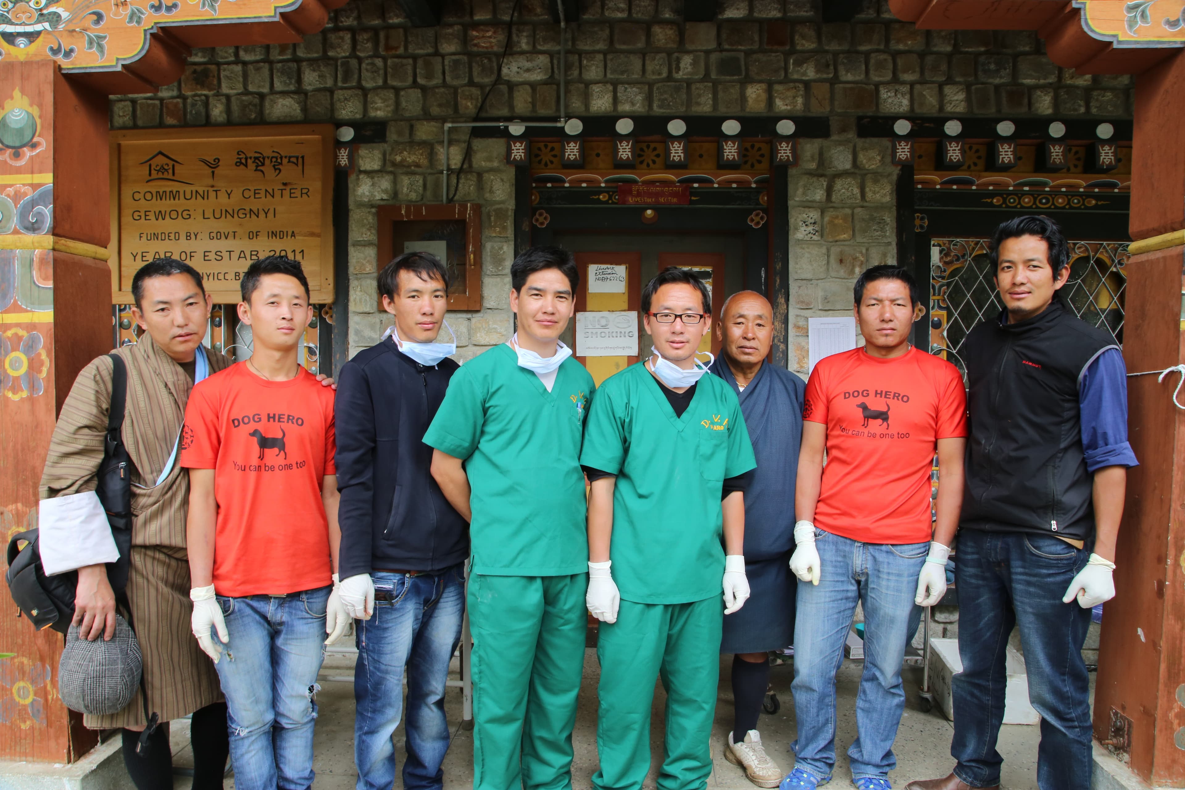 The dog population management team in Paro includes two vets (in green scrubs in front), vet techs, and dog catchers. At this point, most vets have personally done thousands of spay/neuter procedures.