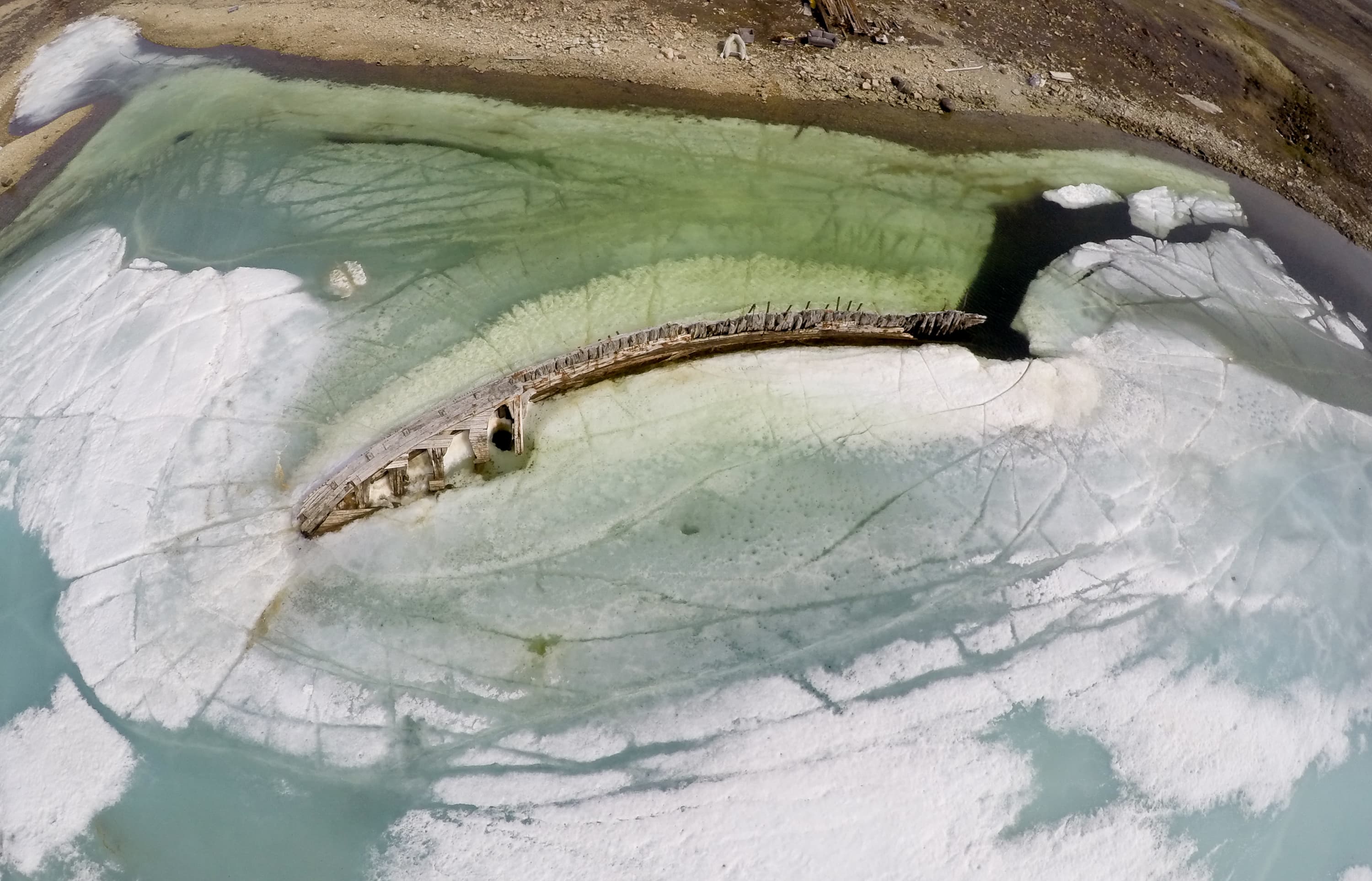 The wreck of Maud is trapped in ice for most of the year. This photo was taken on June 26, 2015.