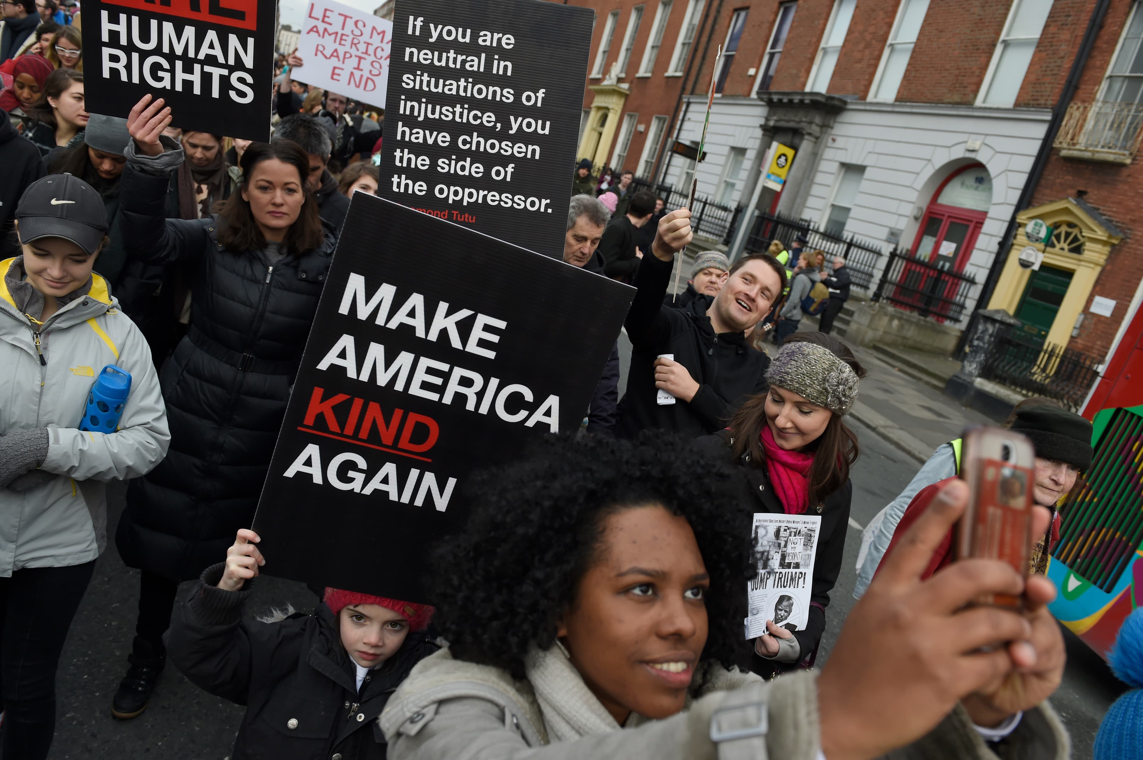 Protesters take part in the Women's March on Dublin, Ireland, January 21, 2017.