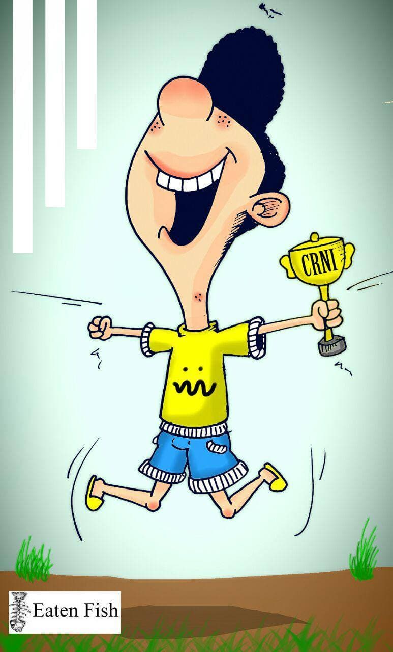 A cartoon by Eaten Fish showing him holding the Courage in Editorial Cartooning award he received from the human rights group Cartoonists Rights Network International.