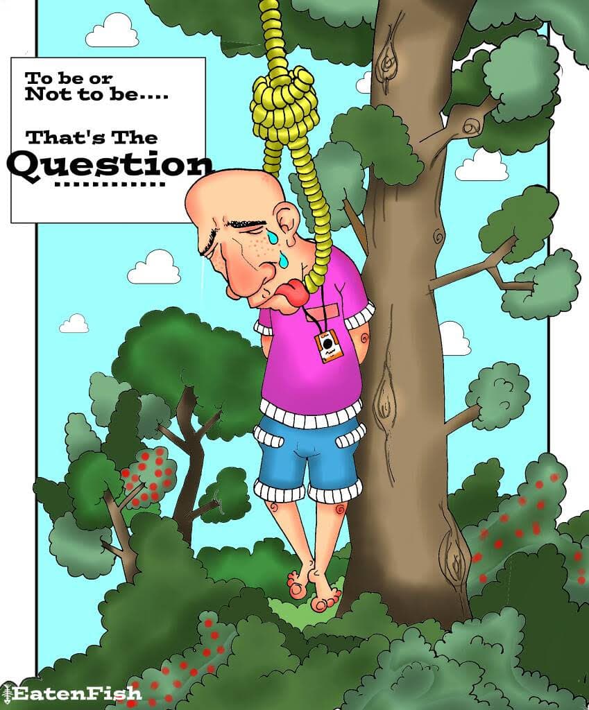 Cartoon showing cartoonist Eaten Fish trying to hang himself at the Manus Island detention camp. He often felt suicidal during his four years in detention and suffered from intense OCD.