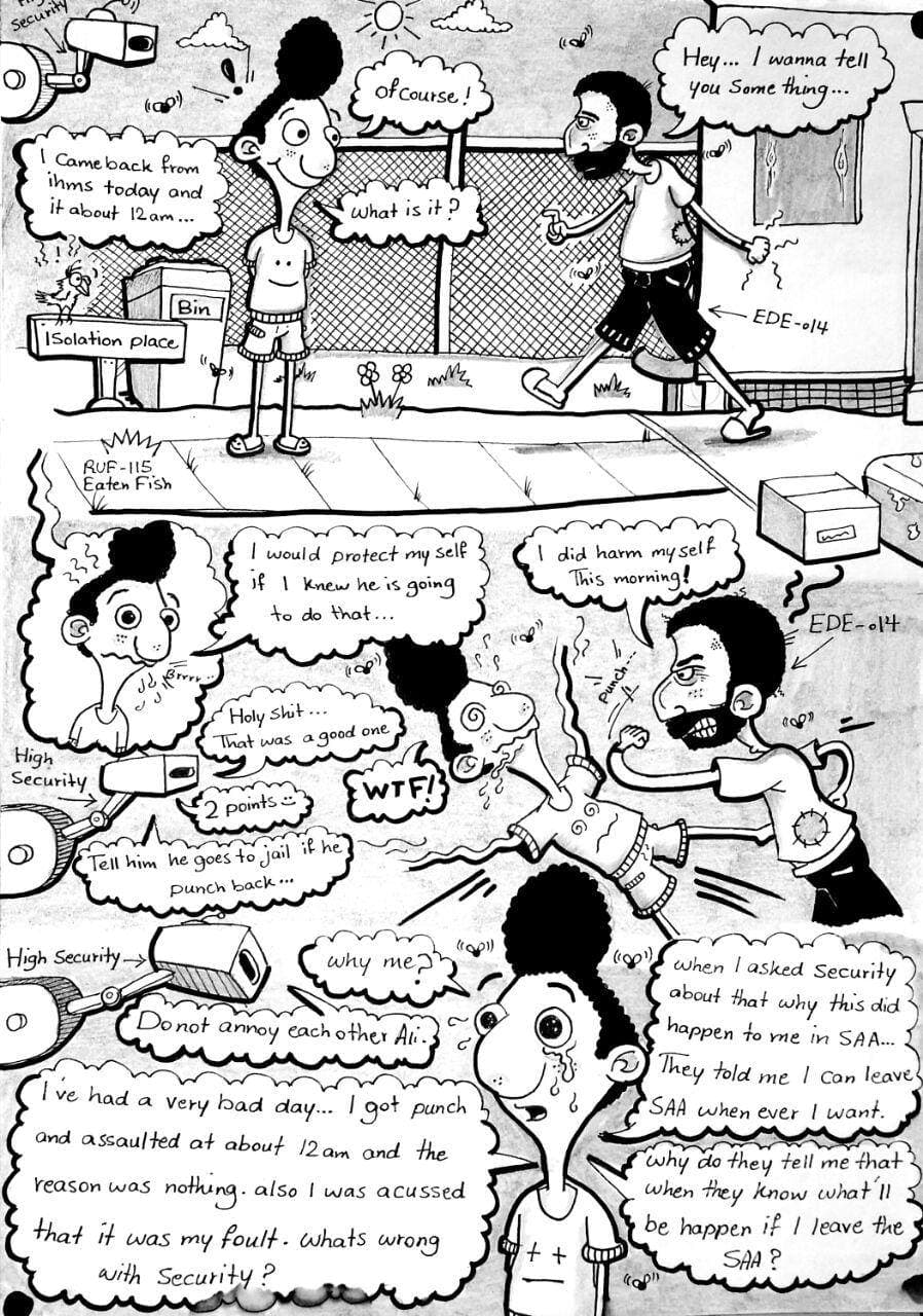 a multi-panel cartoon by Eaten Fish showing how one day he was beaten in the camp on Manus Island and the people in charge of the camp did nothing to help him.