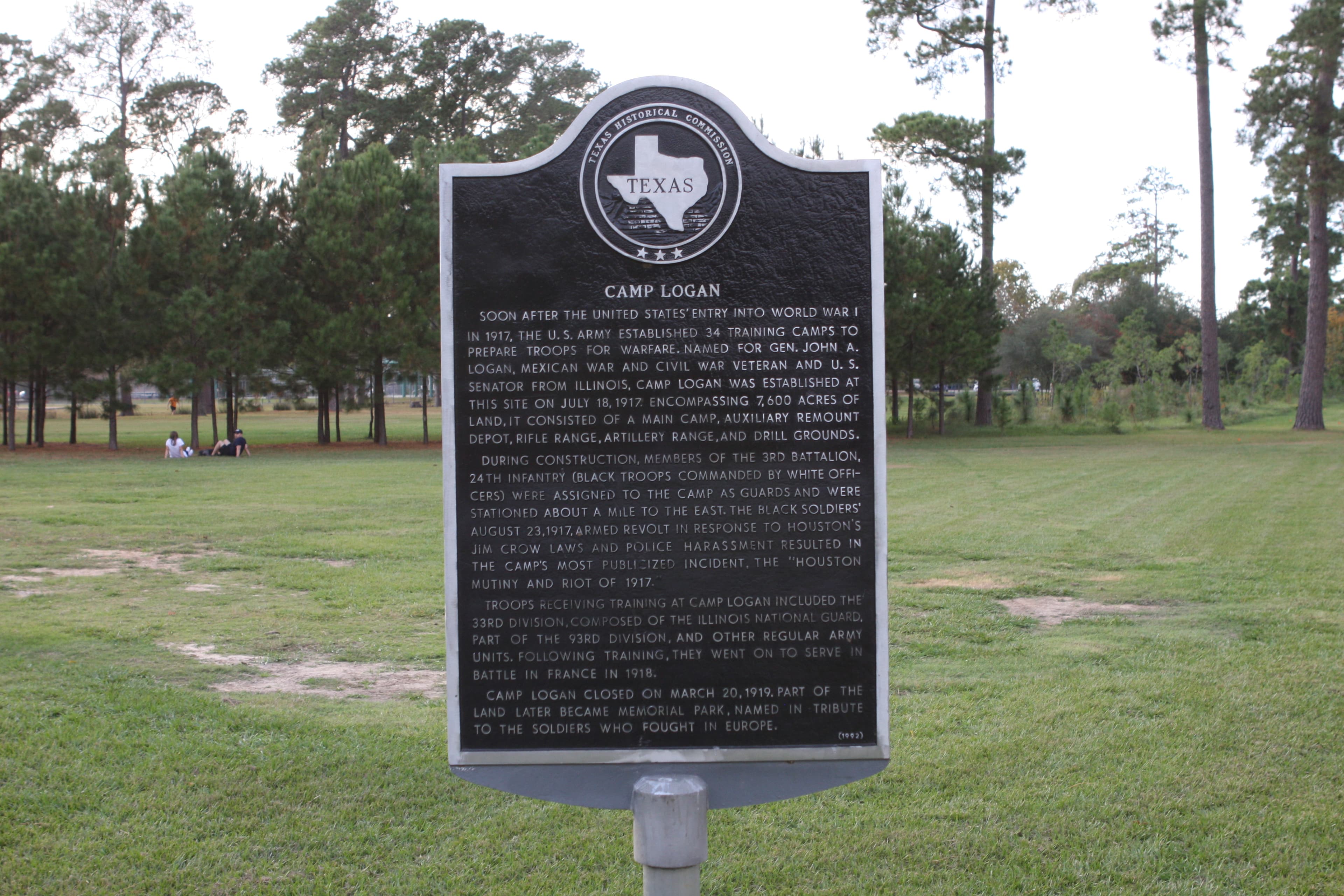 The historical marker at the former location of Camp Logan in Houston, Texas.