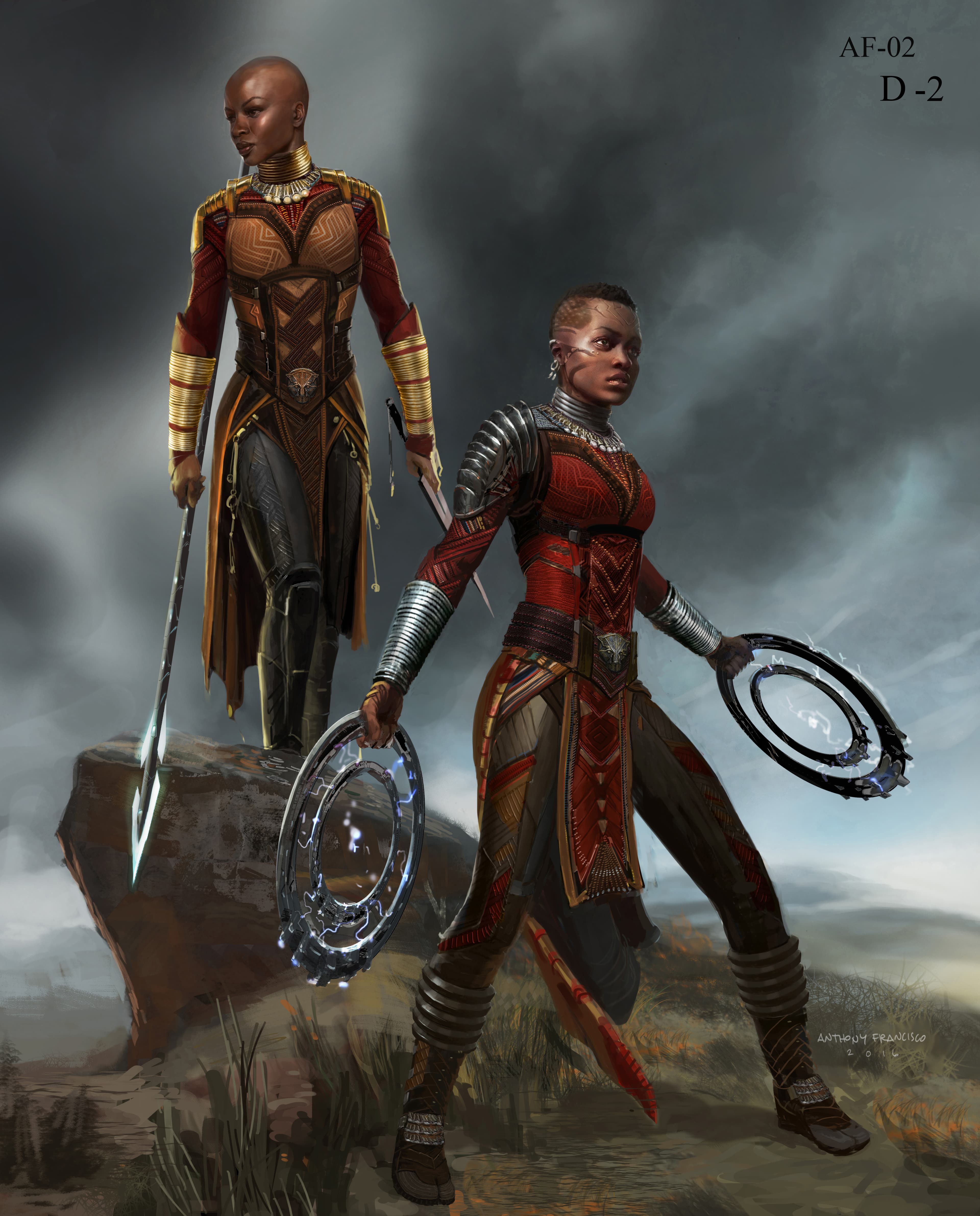 Marvel Studios' “Black Panther.” Dora Milaje Conceptual Character and Costume Design Sketch. Costume Design by Ryan Meinderding and VisDev Team. Concept Artist: Anthony Francisco.
