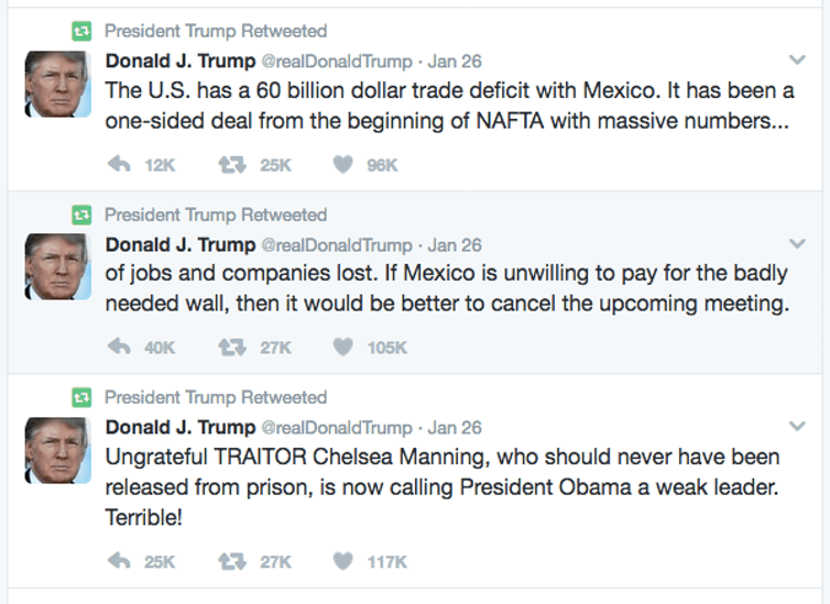 The official @POTUS Twitter account frequently retweets @realDonaldTrump.