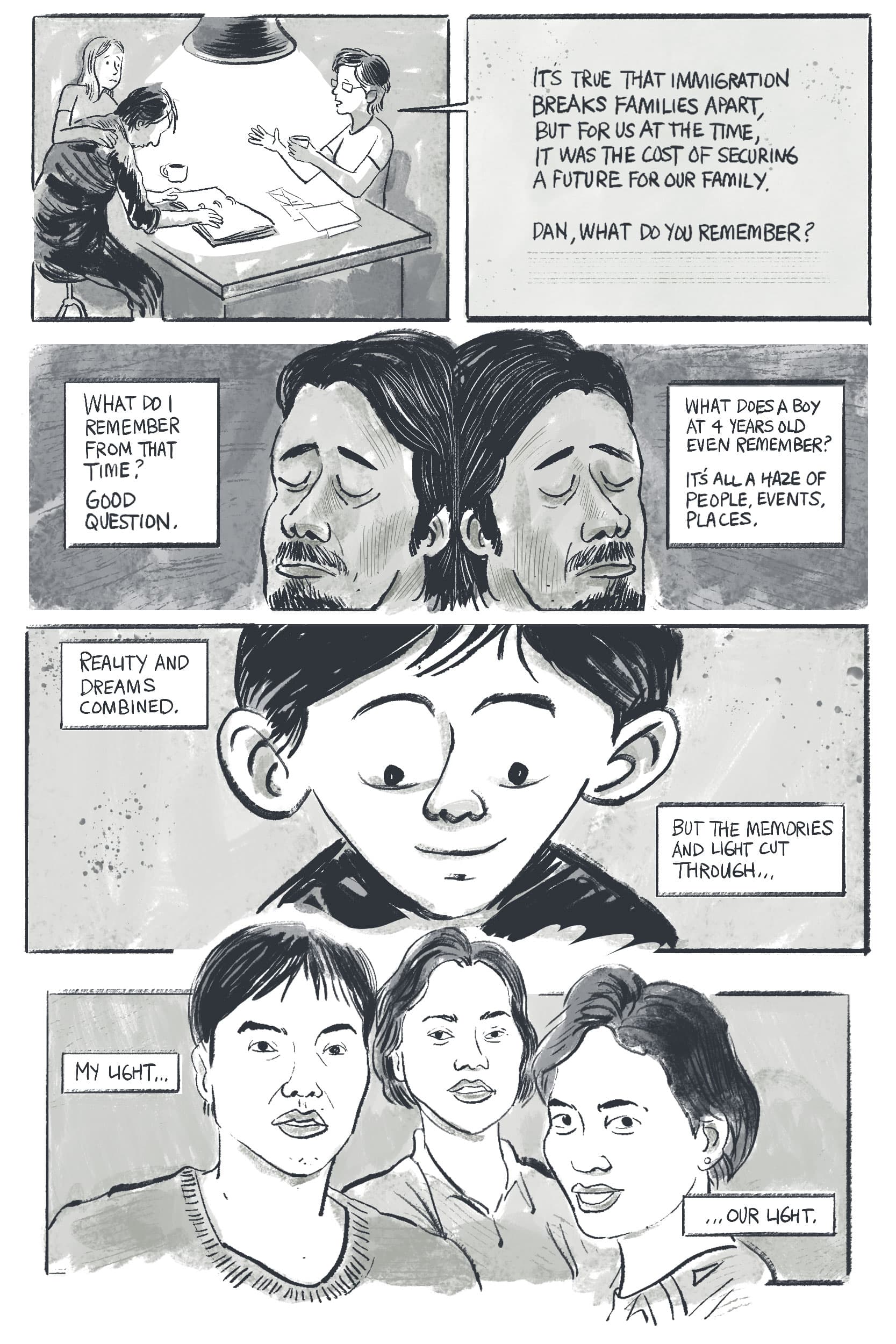 Comic panel: Scene at table. Someone asks, 