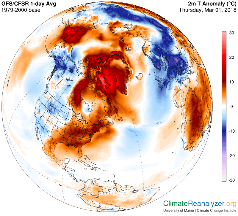 This map from the University of Maine's Climate Reanalyzer project shows the temperature divergence from the 1979-2000 average in the Arctic and most of Europe on March 1. Red areas are warmer than average, blue areas are cooler.
