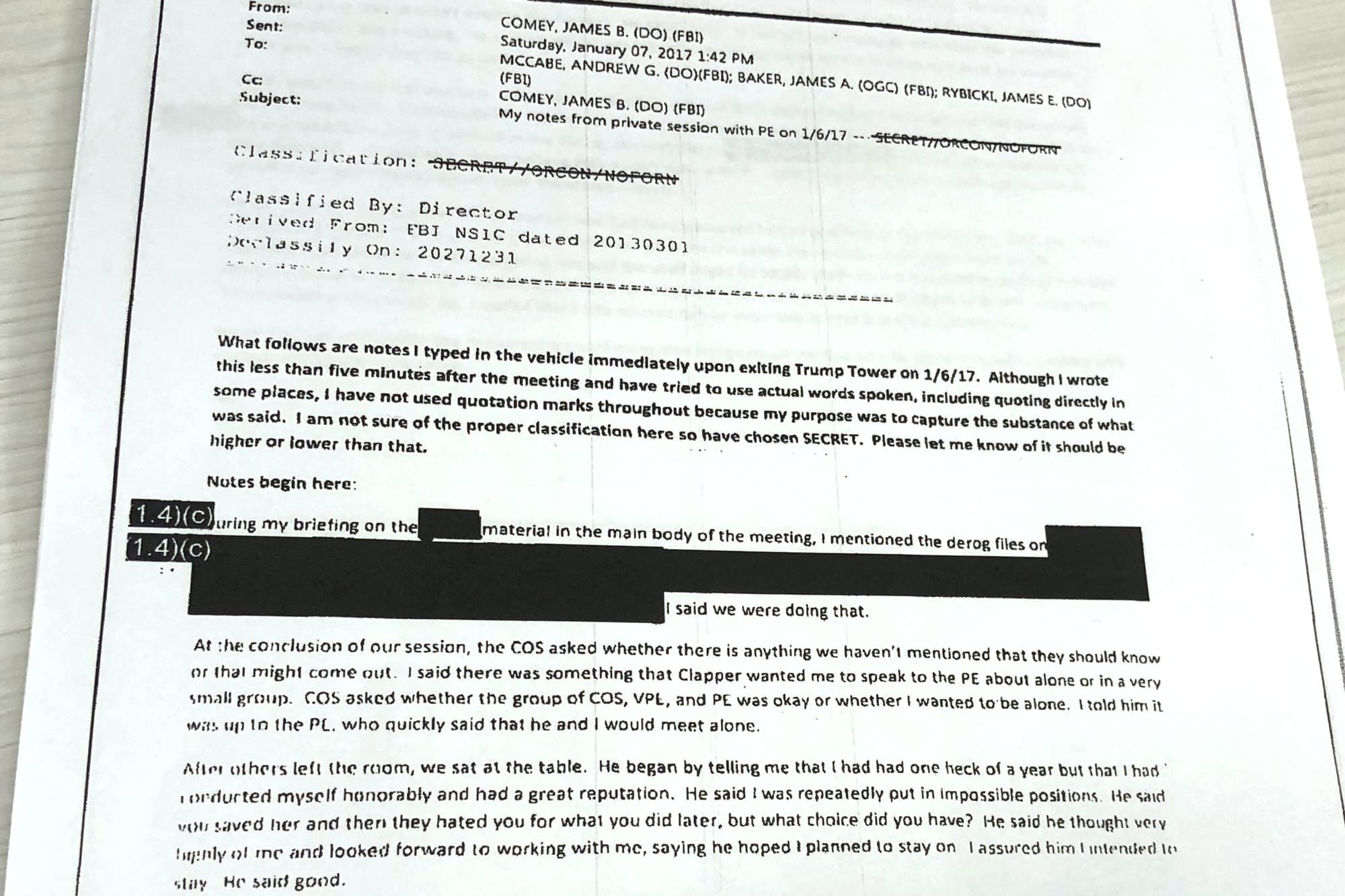 The partially redacted memos of former FBI Director James Comey, recounting conversations with President Donald Trump last year, are pictured after US Justice Department released them to three House of Representatives committees.