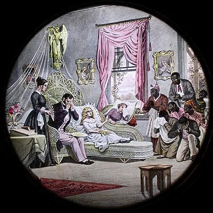 This scene depicts Eva, the child Tom cares for, dying from tuberculosis.