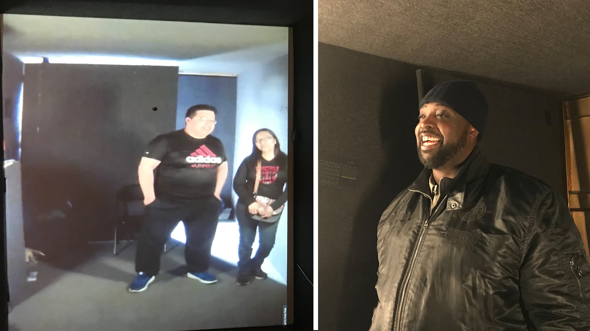 Lewis Lee, in a portal in Chicago, smiles while video-conferencing with two people, in a portal in Mexico City.