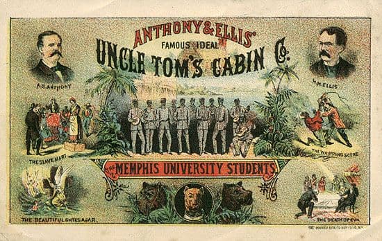 A promotional card from the 1880s advertises the most dramatic moments in a theatrical version of 