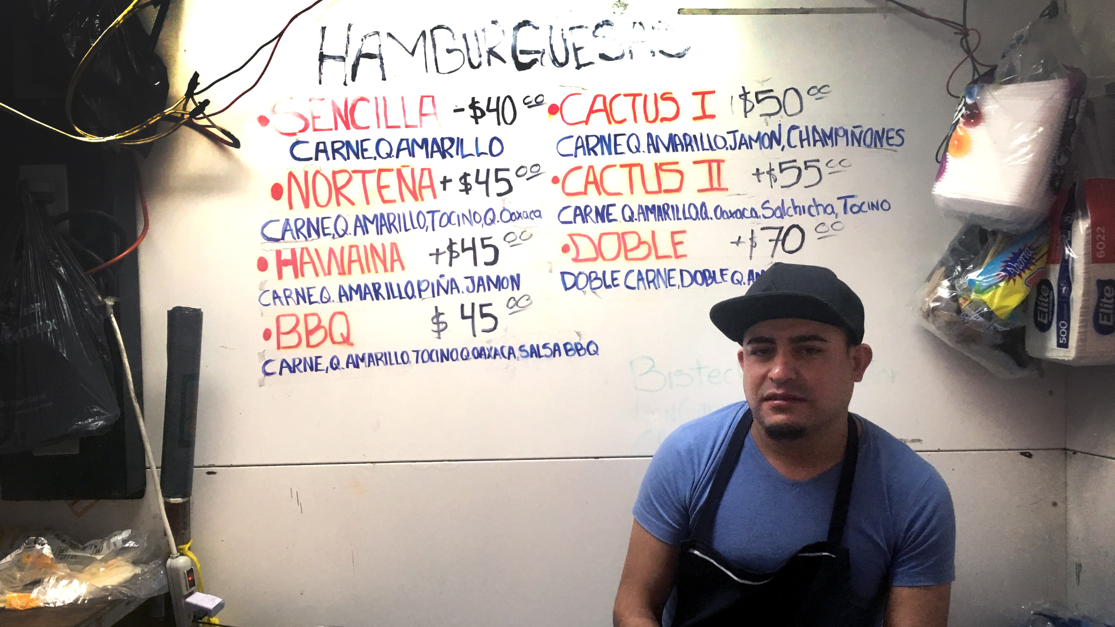 Alex Valdez, 34 at a hamburger stand