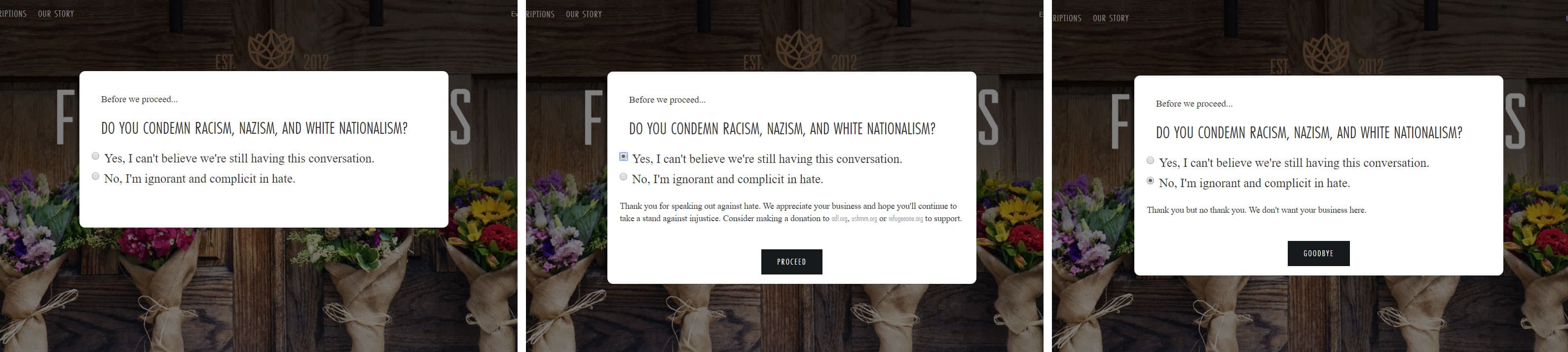 Three screenshots of website pop-up