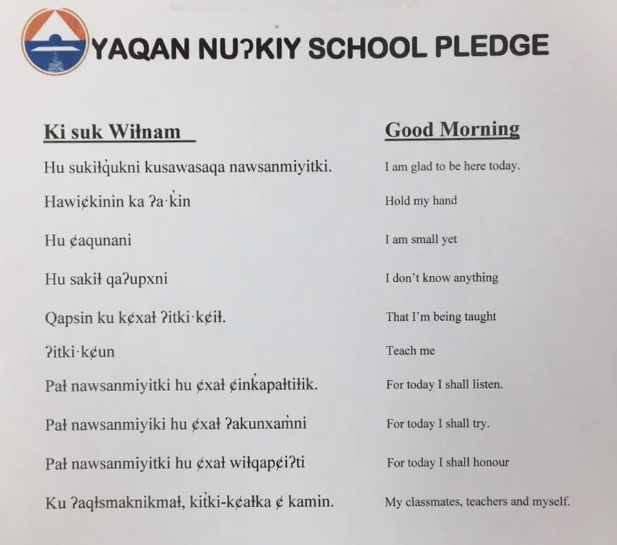 A notice at Yaqan Nu?kiy , the Ktunaxa reservation school in Creston, British Columbia