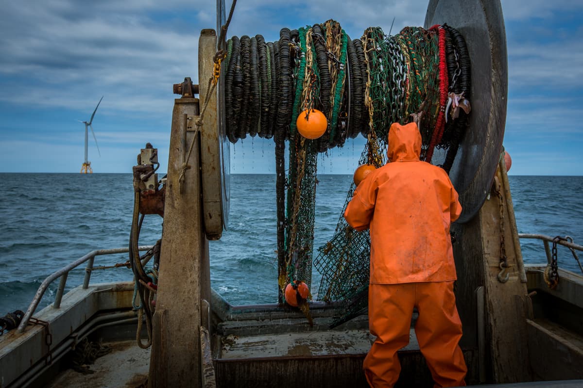 Dean West helps recover the F/V Proud Mary’s net after a tow near the Block Island Wind farm.