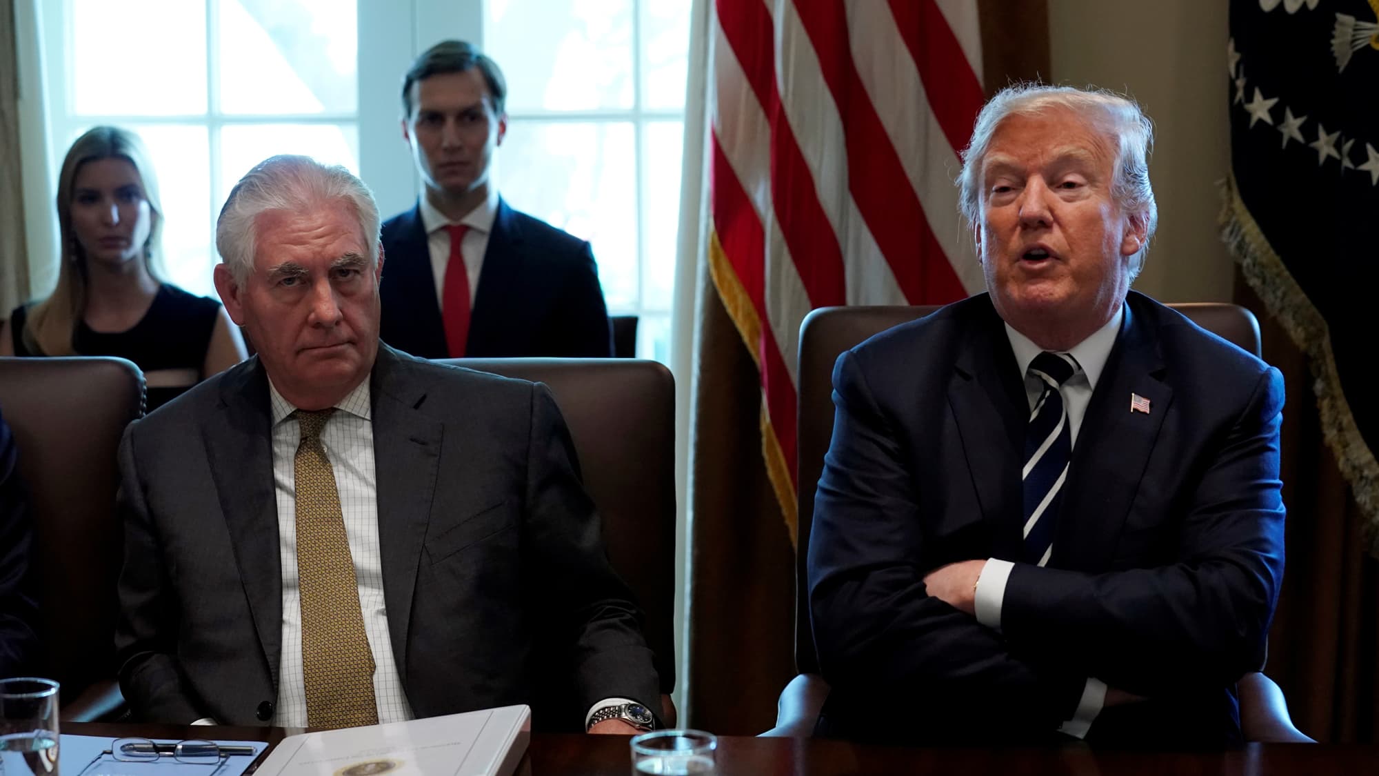 Then secretary of state, Rex Tillerson, listens as President Donald Trump holds a cabinet meeting at the White House.