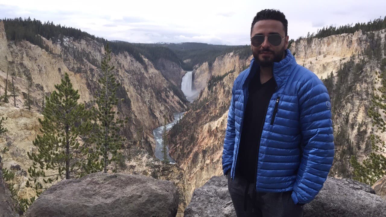 a man standing before a ravine and waterfall in Yellowstone National Park.