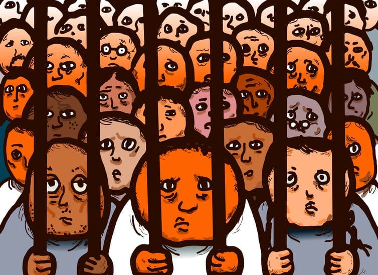 an illustration of people behind bars