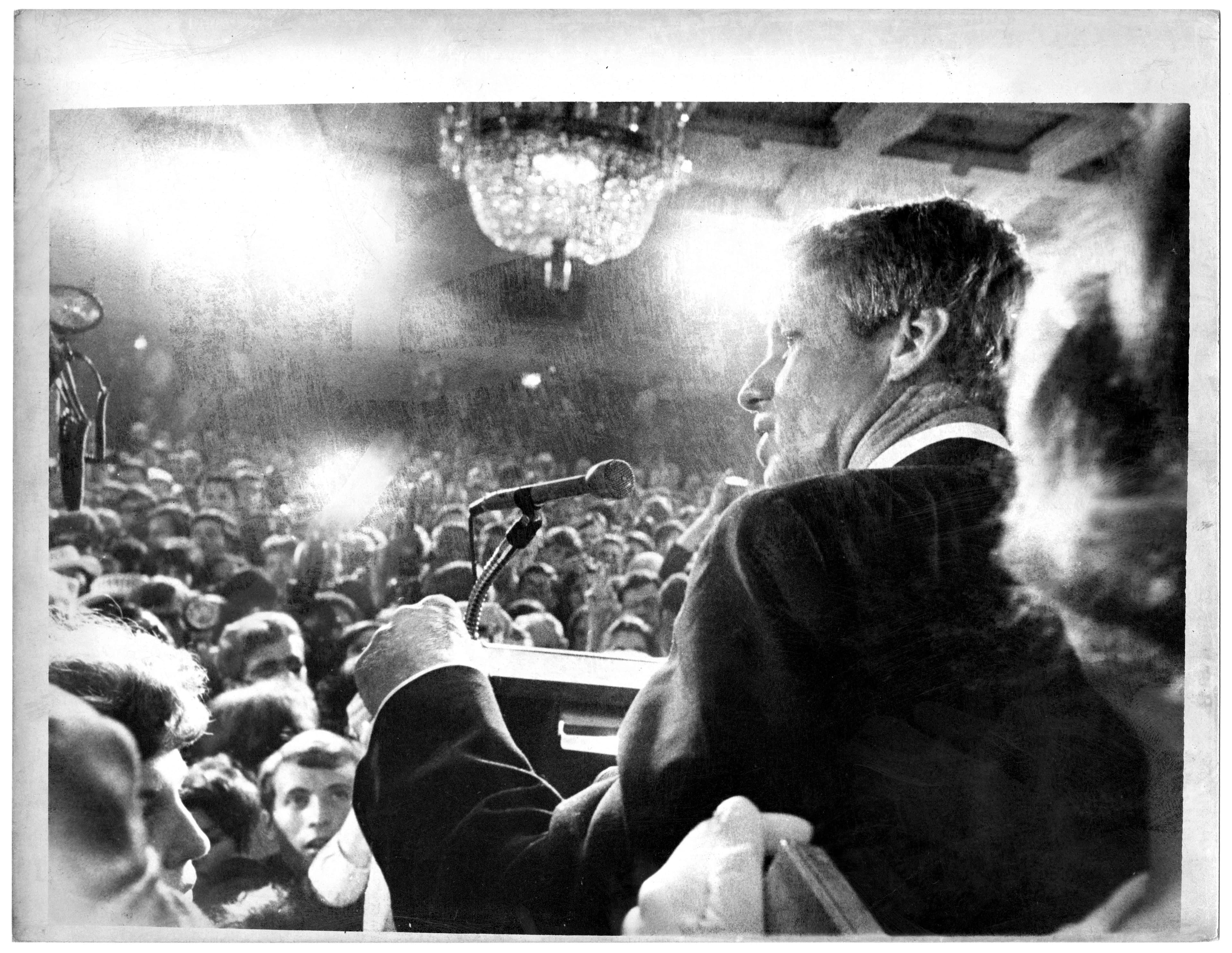 Robert Kennedy giving his victory speech at the Ambassador Hotel after winning the Democrat Party’s California primary.