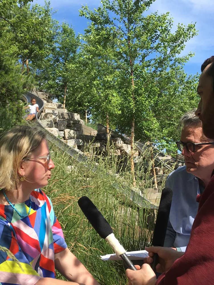 Alexandra Lange and Kurt Andersen, in front of the Slide Hill on Governors Island