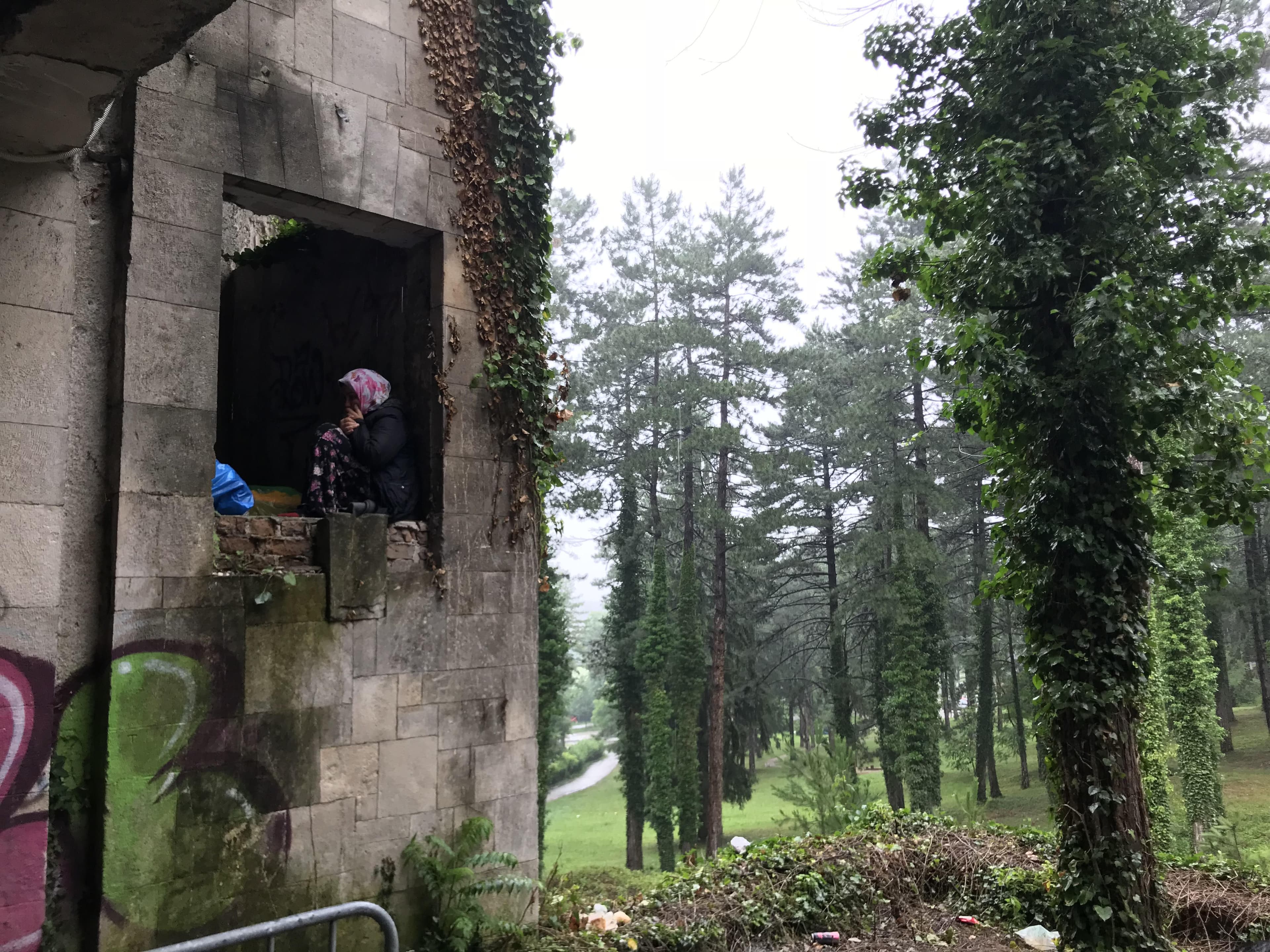 A ruined student dormitory in Bihac, Bosnia, provides scant protection for transiting migrants.