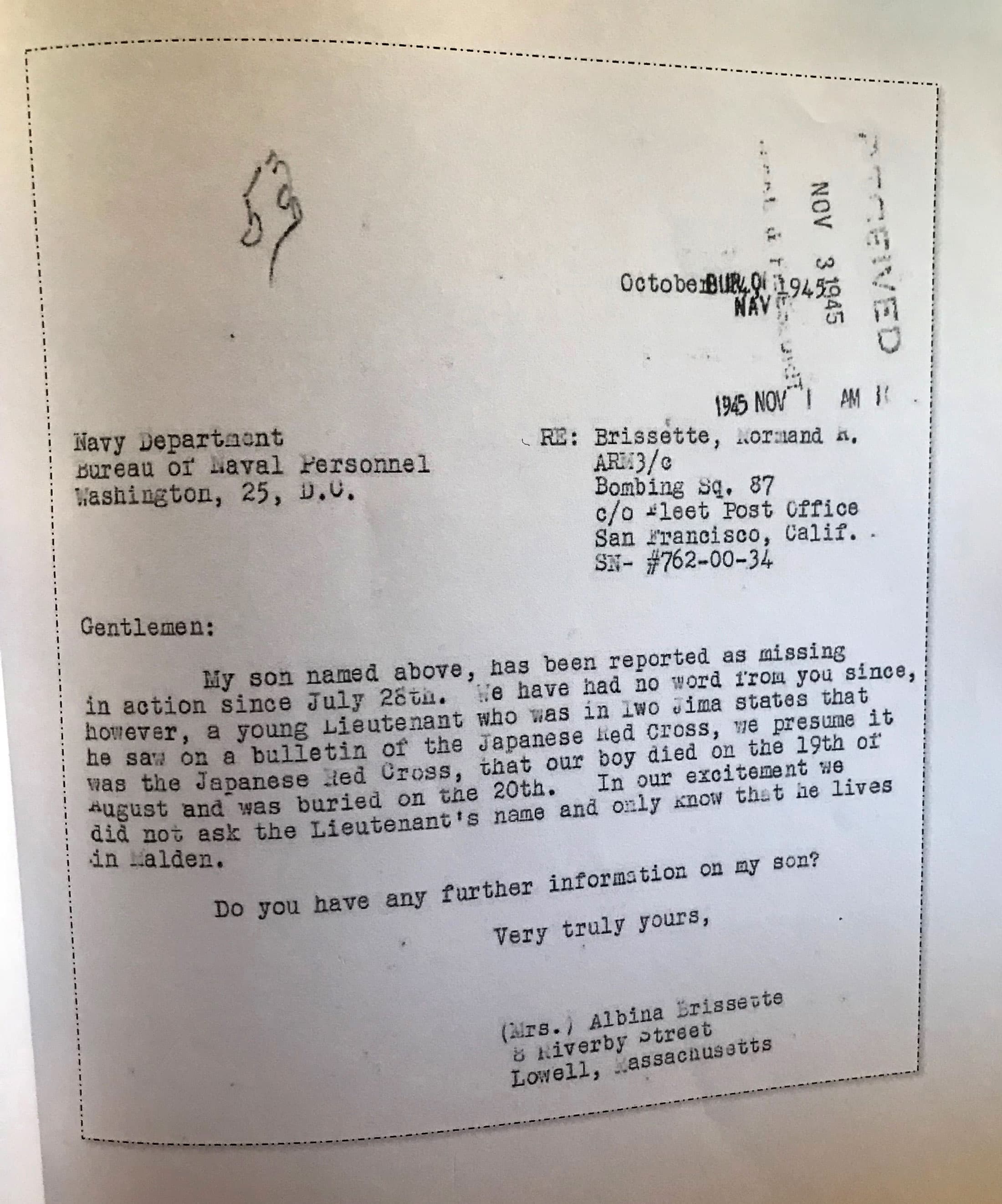 A 1945 letter to the Navy officials asks about further information about Normand Brissette.