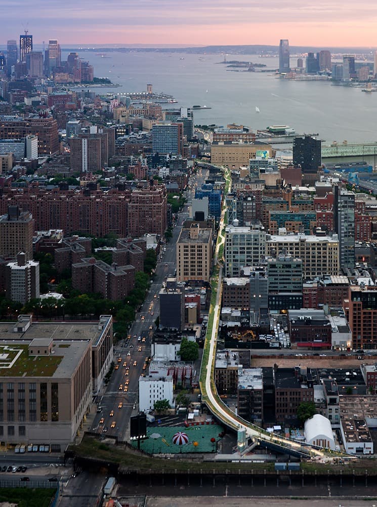 The High Line, in New York City, as seen from above at night.