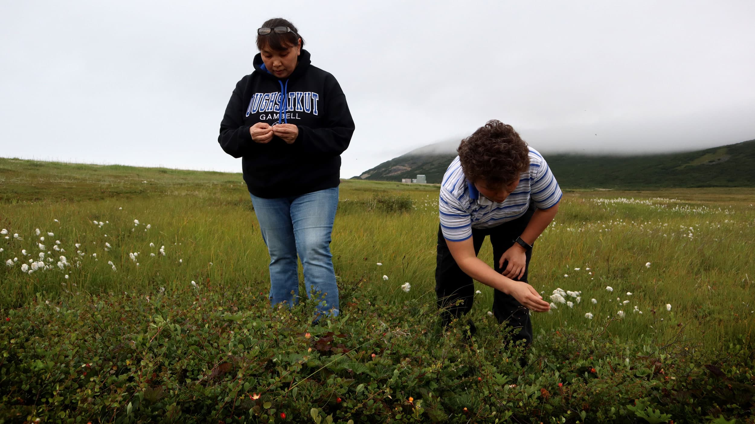 A woman stands in a green grassy field dotted with wildflowers. Next to her, another woman is bent at the waist, inspecting brush.