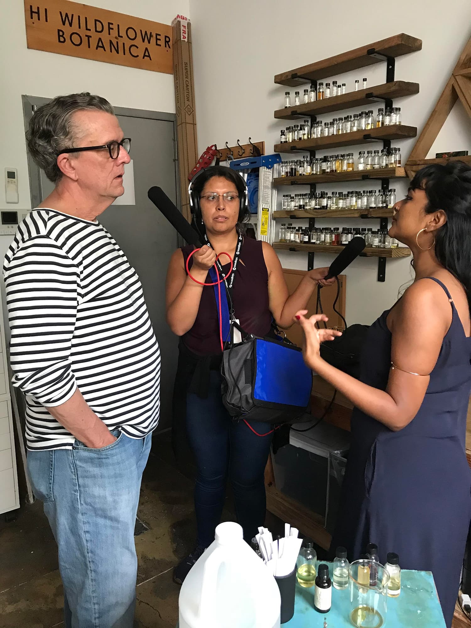 Studio 360 host Kurt Andersen, sound engineer Sandra Lopez-Monsalve and Tanwi Nandini Islam talk at Islam’s Hi Wildflower studio.