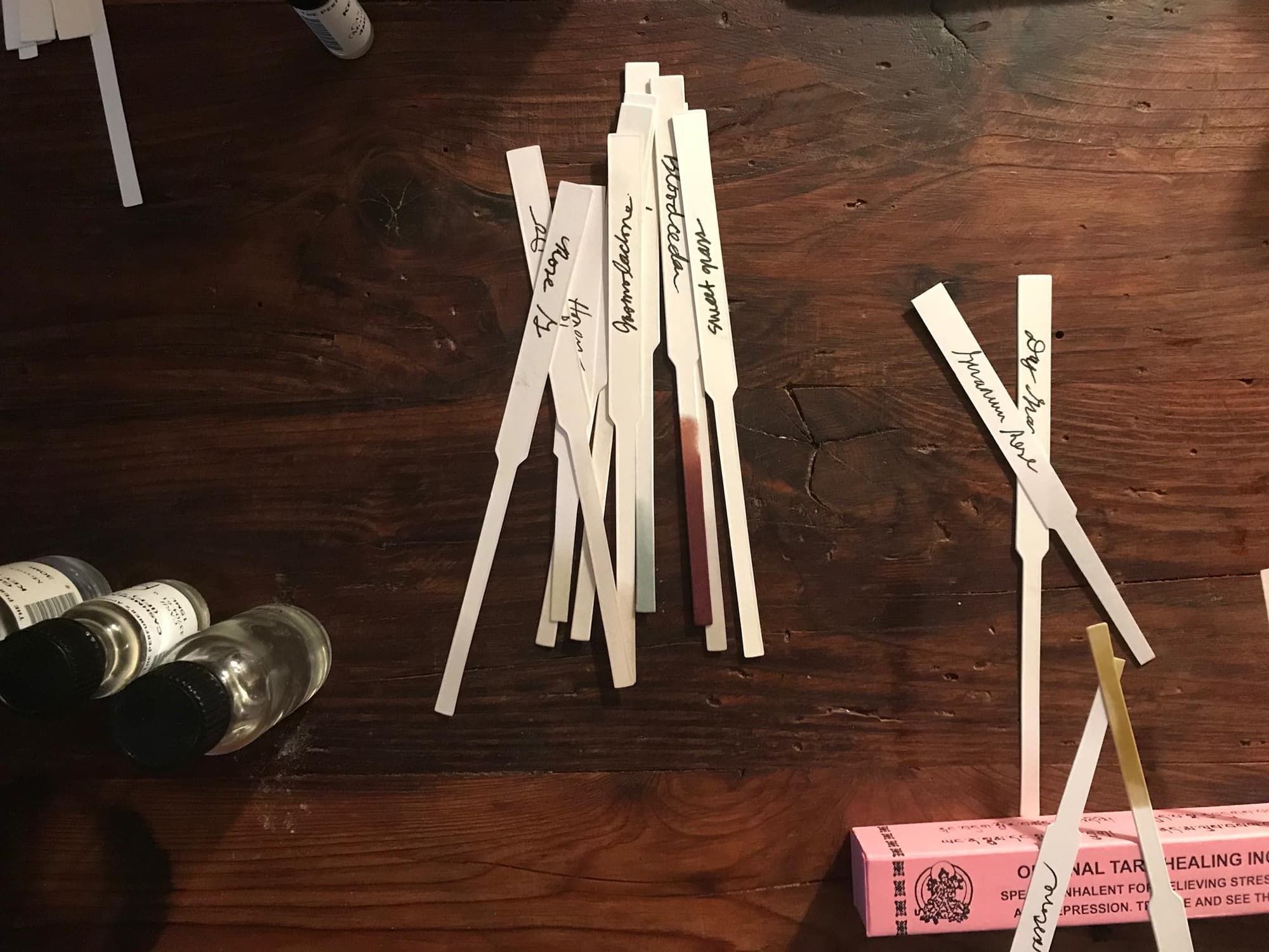 The testing strips that comprise the “Beloved” perfume draft.