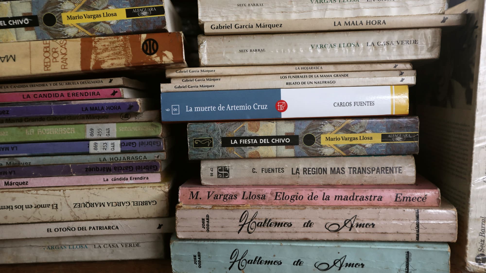 Books are shown in stacks, one of them is by Peruvian-Spanish writer Mario Vargas Llosa, winner of the 2010 Nobel Prize in Literature.
