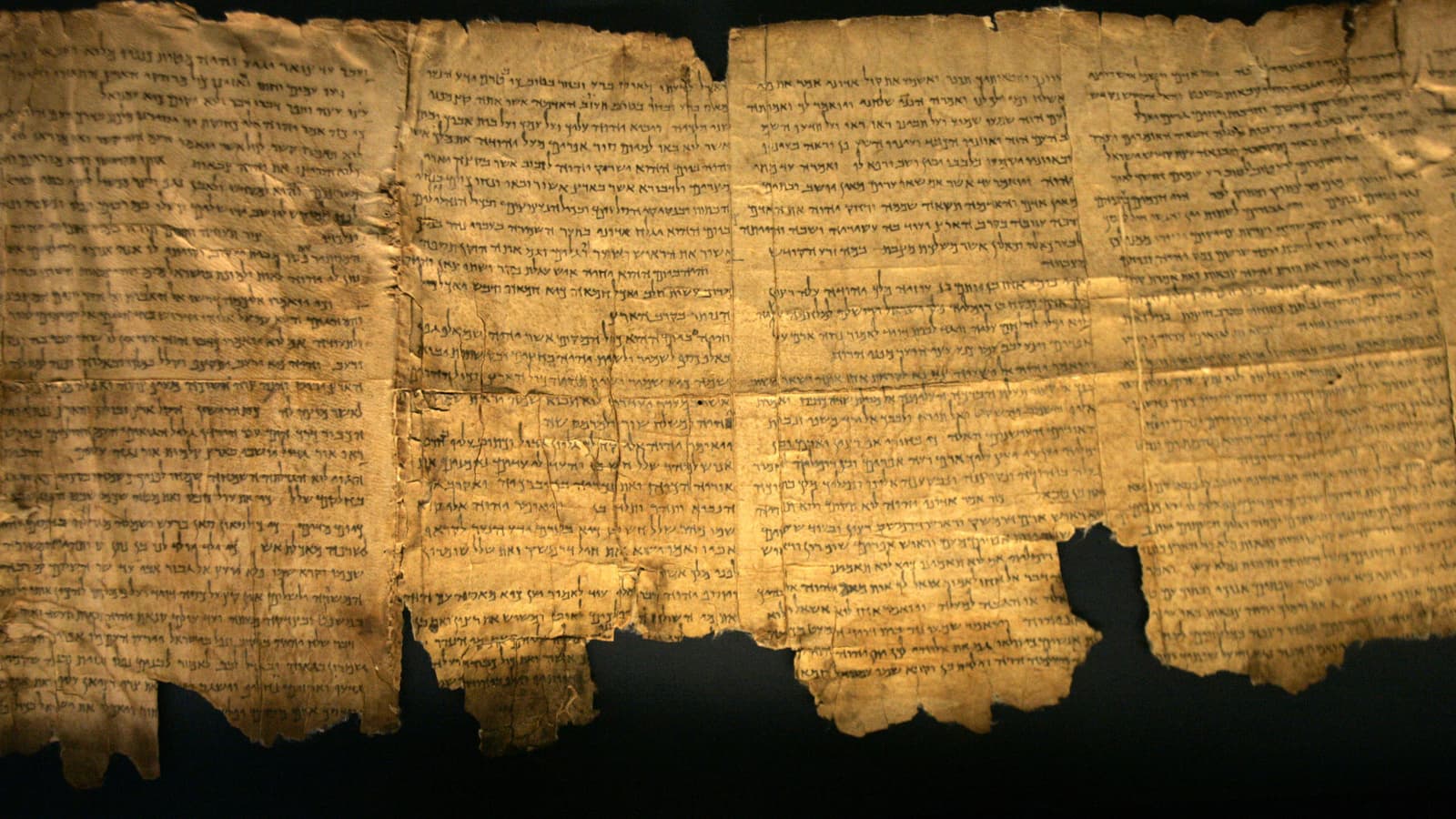A close up of image of ancient Dead Sea scroll texts.