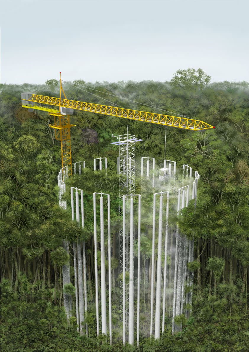 Tall metal towers rise out of the ground, like trees, in this illustration.