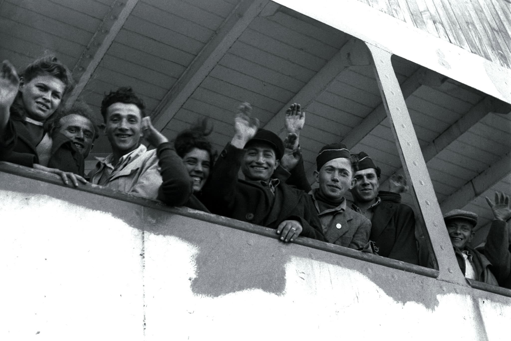 Newly arriving Jewish refugee from the Nazi Holocaust wave from the ship "S.S. Awarea" as it pulls into Haifa port on April 6, 1948.