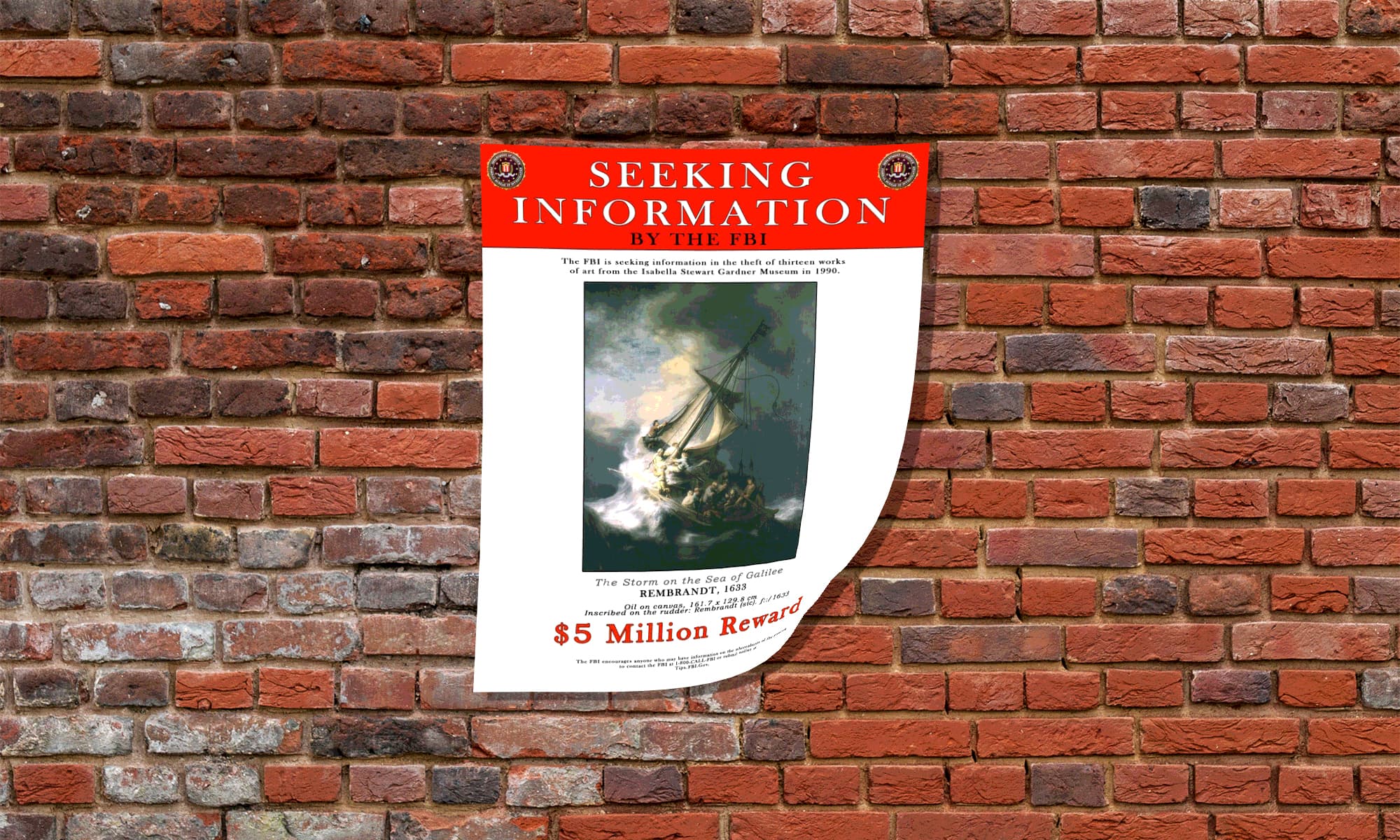 An FBI poster seeking information on the Rembrandt painting, "The Storm on the Sea of Galilee."