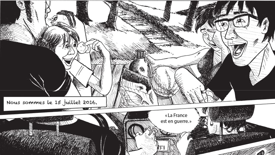 an illustration of a child in the car with her father