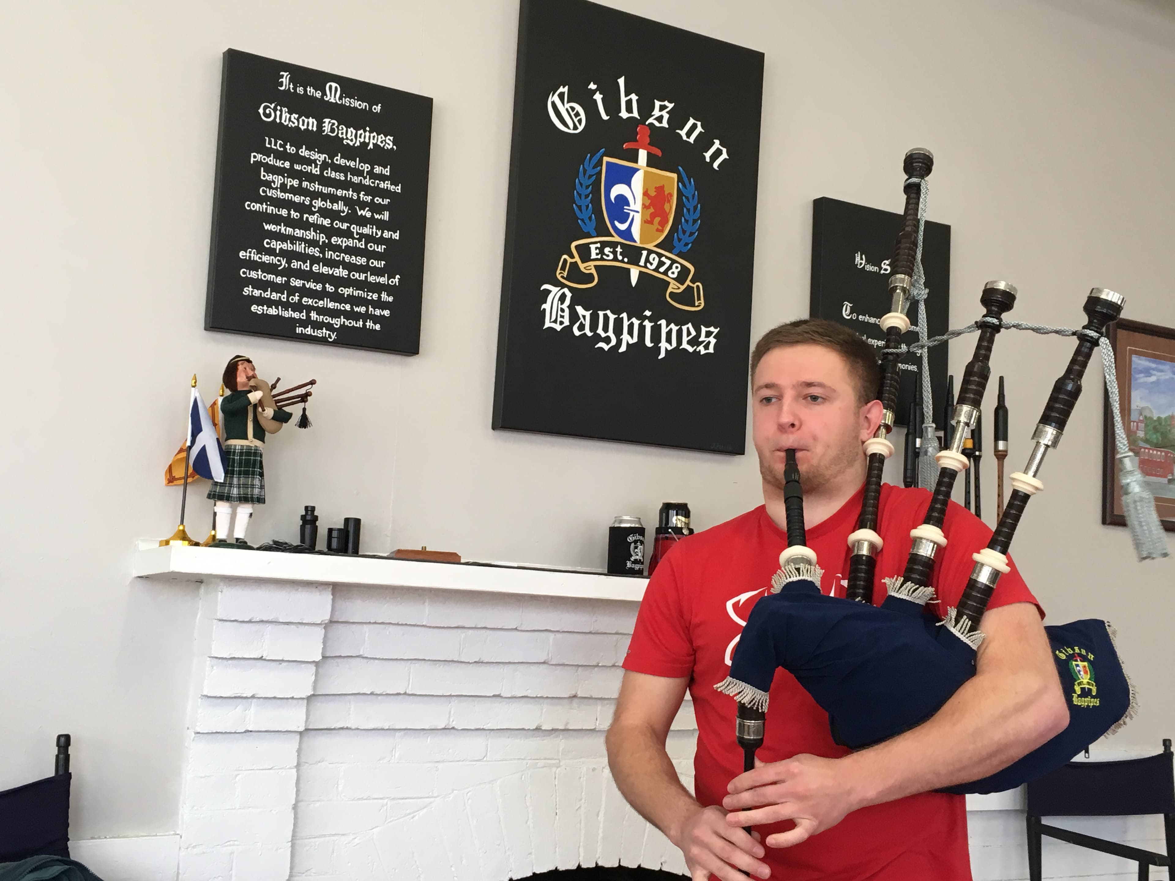Eryk Bean is in charge of quality control and product development at Gibson Bagpipes