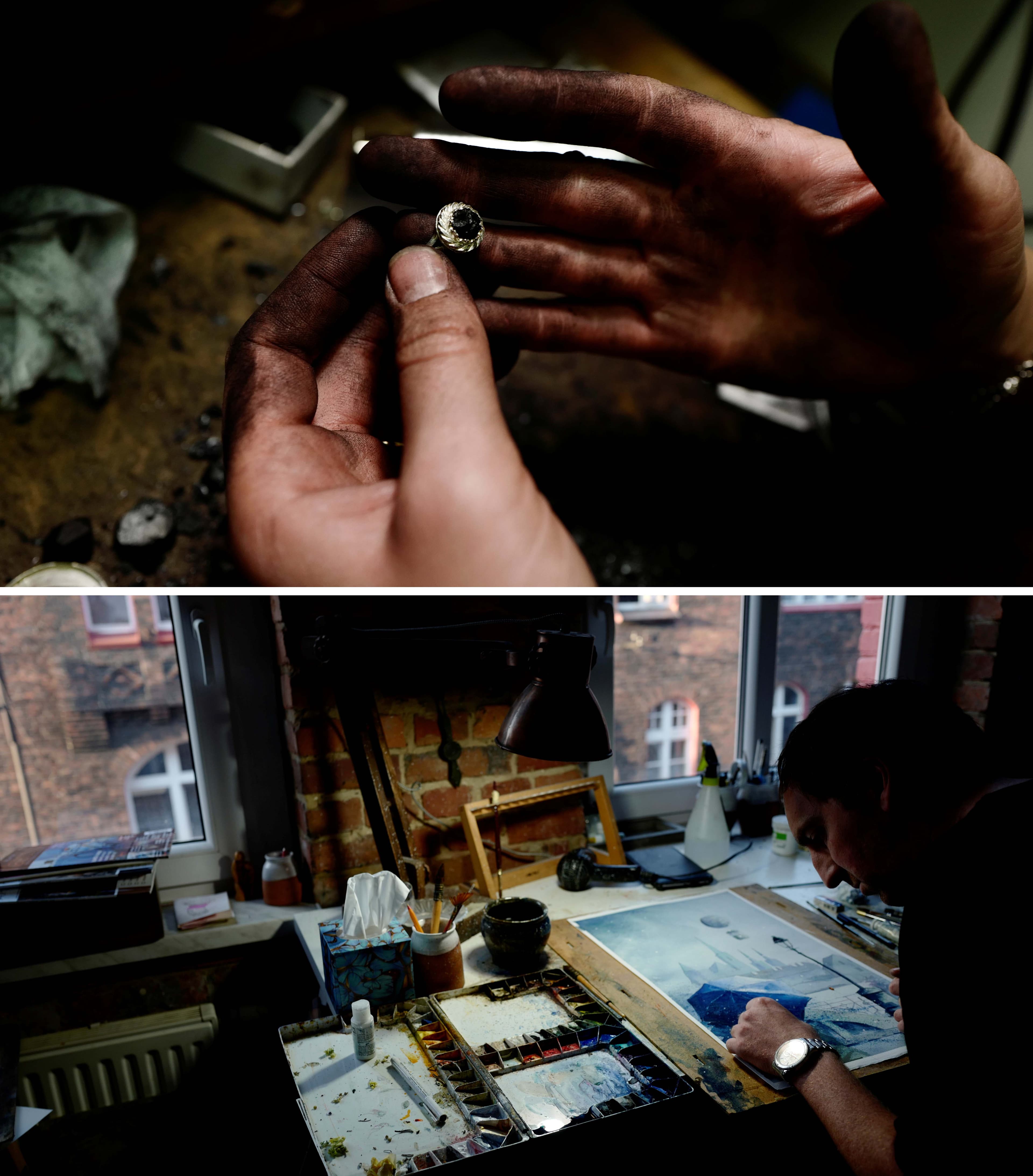 Above: Hands stained with coal hold a silver ring that has a piece of coal as the center stone. Below: A man works on a canvas near a window looking on to brick buildings.