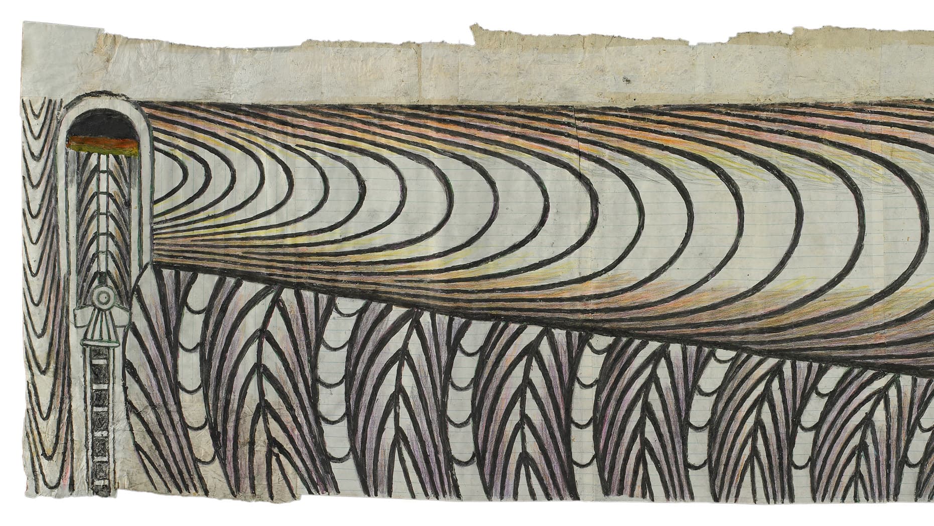 An untitled piece by Martin Ramírez, (Train and Tunnel). Ramírez used crayons and glued together pieces of paper to make his drawings.