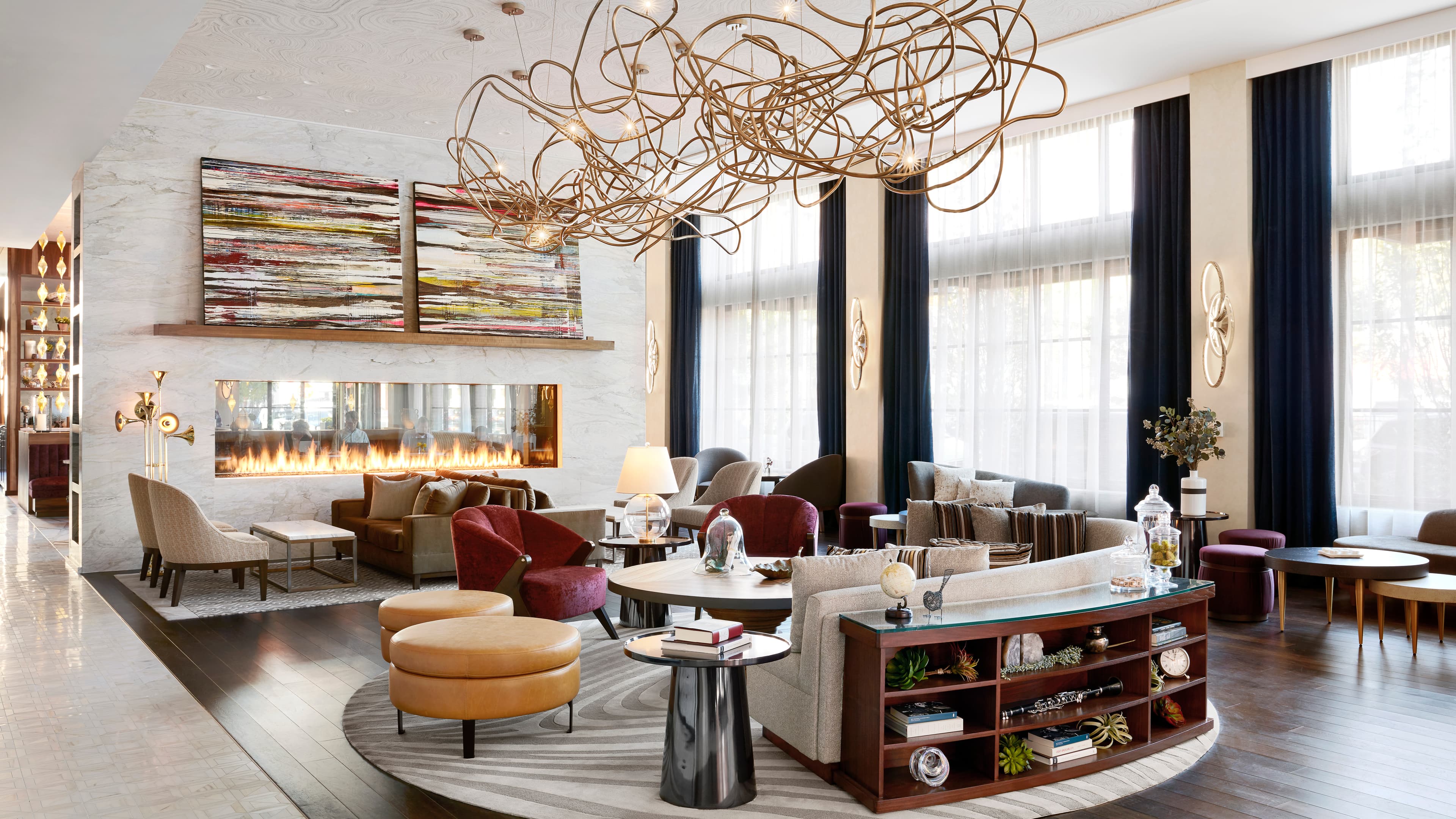 The lobby of The Sophy hotel located in the Hyde Park neighborhood of Chicago, interior design by Stonehill Taylor.