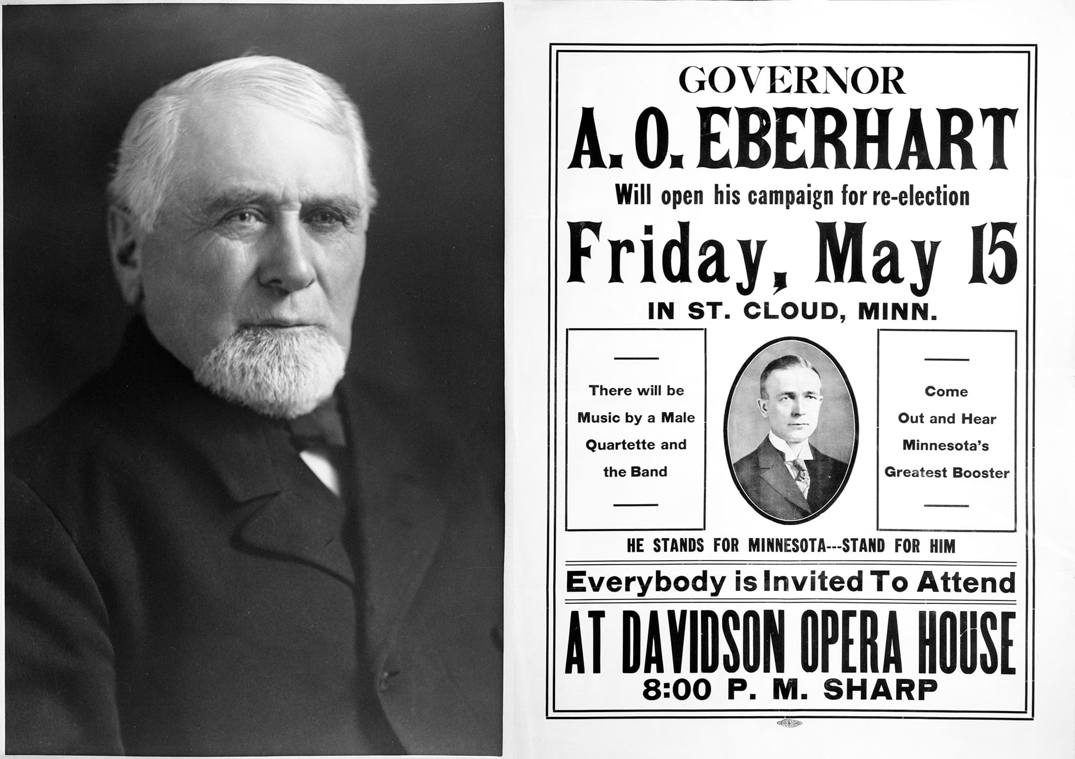A headshot of an older man and a political poster from 1914.