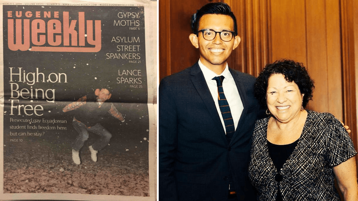 On left, photo of a magazine cover and on right, posed portrait of man and woman