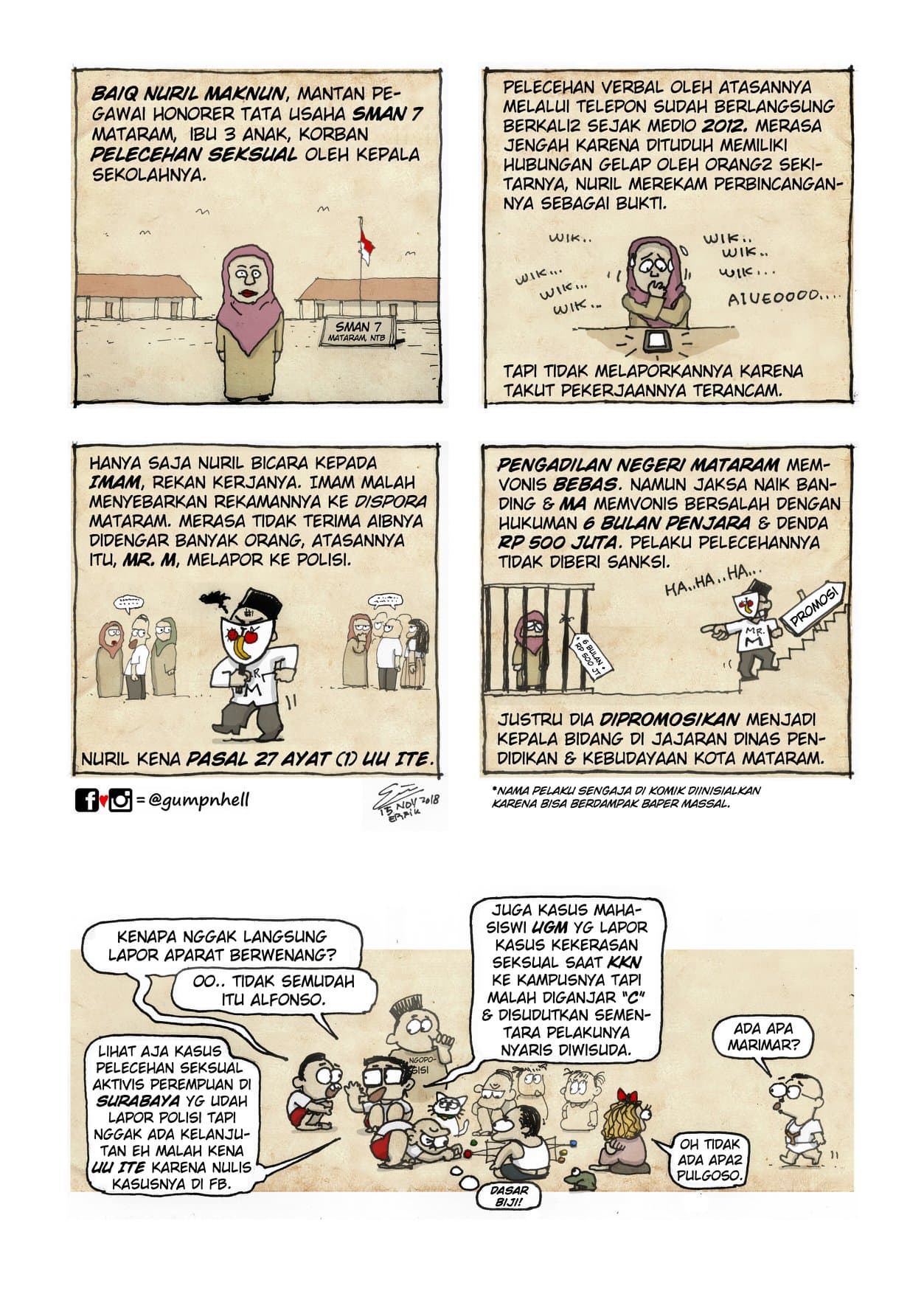 A full webcomic depicts a a teacher's sexual abuse scandal at a school.