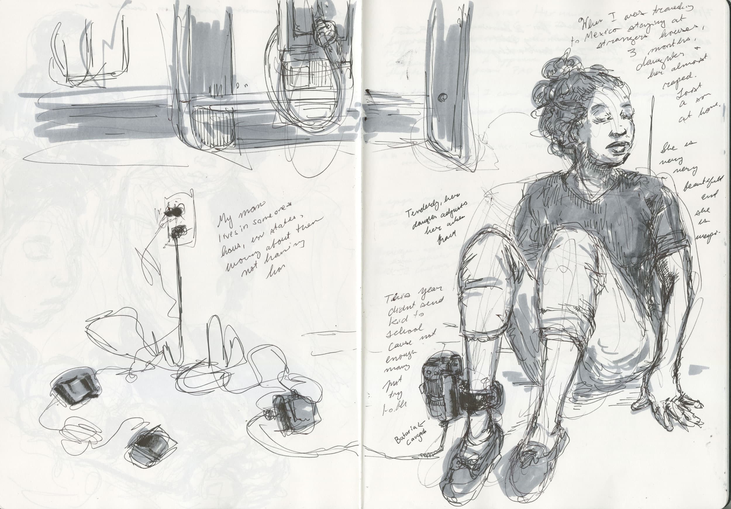 A pen and ink drawing on a woman with an ankle monitor