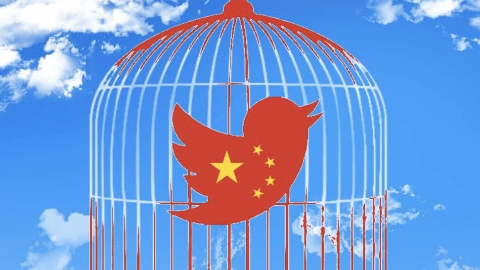 Twitter bird with Chinese flag colors in a cage.