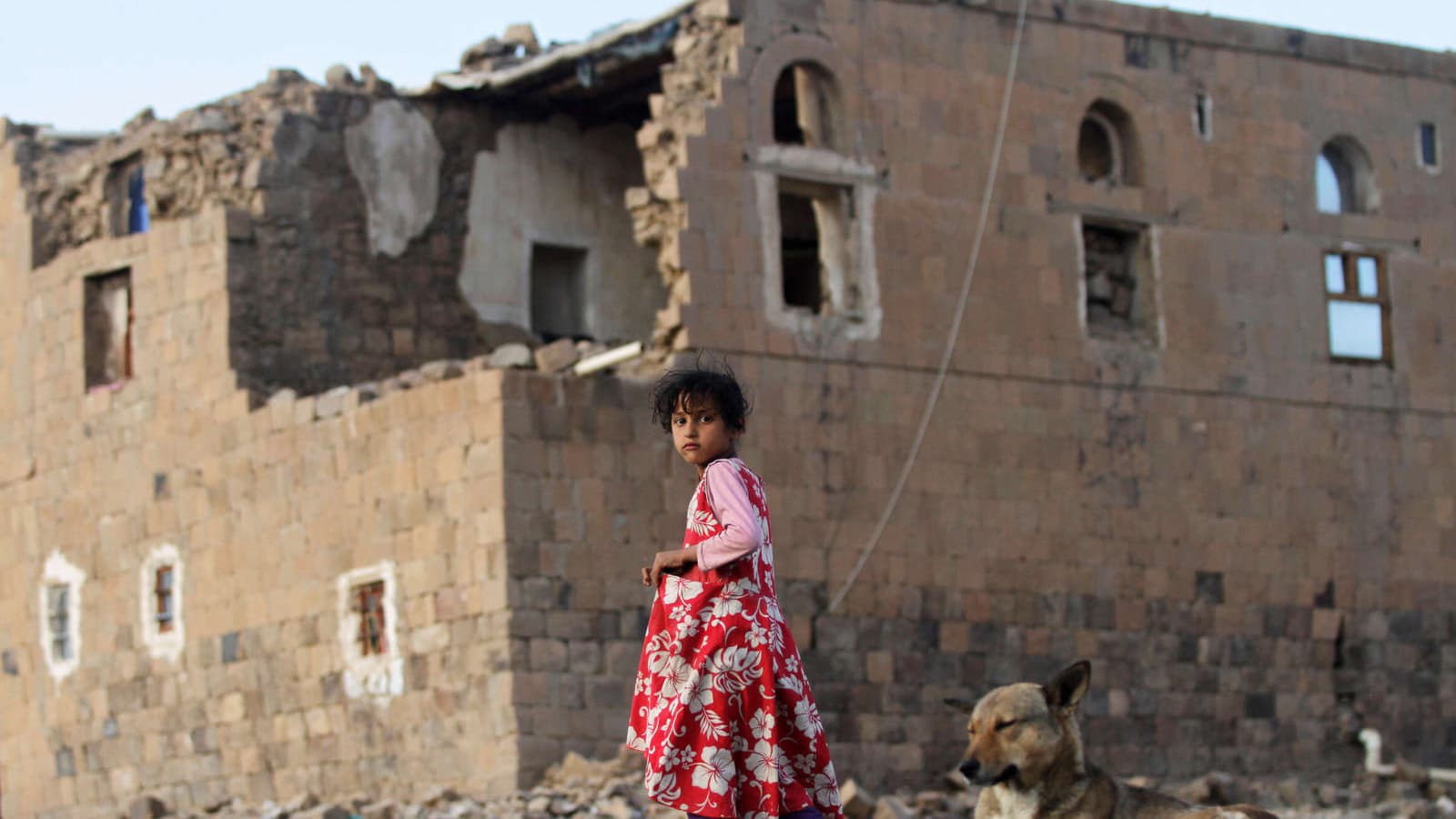 A little girl wearing a red dress stands next to a dog near a destroyed building.